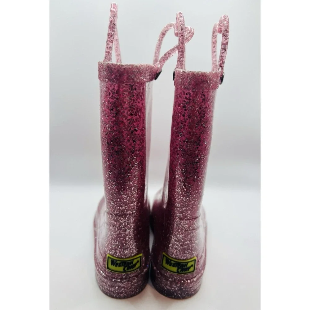 Western Chief Abby Pink Glitter Rain Boots Waterproof Pull On Kids US 11 Sparkle